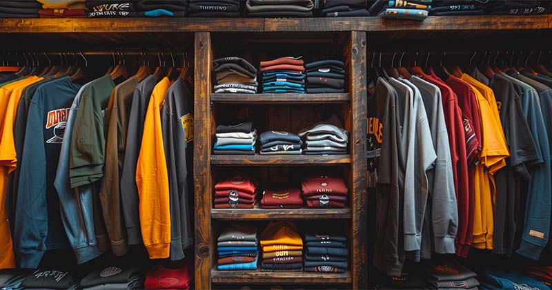 Picture of a well organized closet with folded t-shirts on shelves and long sleeve shirts hung on both sides of the shelves. A mix of vibrant and dark colored shirts.